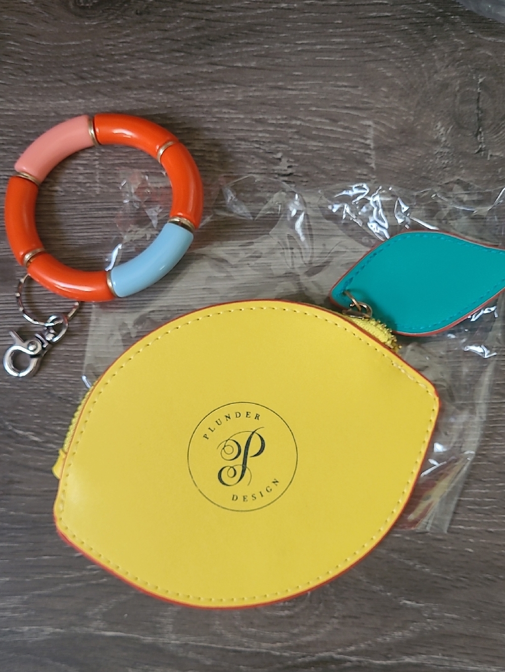 Plunder Design Yellow Lemon Coin Purse with Teal Leaf Charm And Orange Color Key